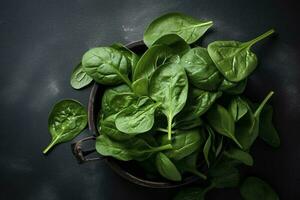 Fresh organic baby spinach leaves. Top view with copy space, generate ai photo