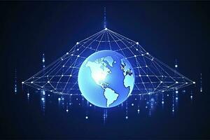 Global network on Earth concept. 3D rendering, World map point. Big data analytics and business concept, world map point and line composition concept of global business, generate ai photo