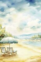 Beautiful beach banner. White sand, chairs, and umbrella travel tourism wide panorama background concept. Amazing beach watercolor landscape watercolor painting, generate ai photo