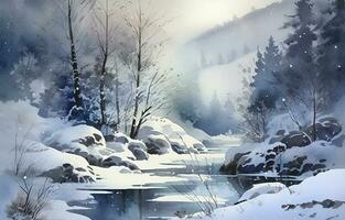 pintar un acuarela paisaje de un invierno escena, presentando un cubierto de nieve bosque o montañas, y intrincado detalles de copos de nieve, hielo, y congelado arroyos, generar ai foto