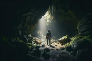 aventurero en un cueva, generar ai foto