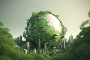 paper art , Green planet Earth of sphere futuristic , Crystal Earth planet green forest city , Generate Ai photo