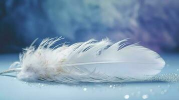 a bright blue background with one white feather, in the style of soft and dreamy pastels, glimmering light effects, nature inspired imagery, fairycore, soft focal points, generate ai photo