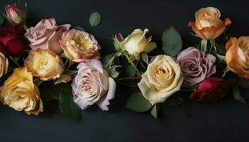 Roses Flower Arrangement, Copy Space, Flat Lay , generate ai photo