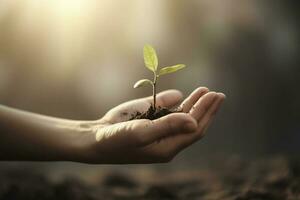 un niño participación un planta en su manos con un verde antecedentes y luz de sol brillante mediante el hojas en el planta, generar ai foto