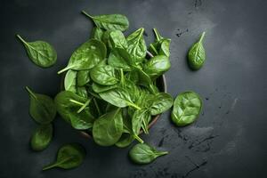 Fresh organic baby spinach leaves. Top view with copy space, generate ai photo