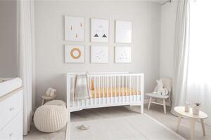 Modern minimalist nursery room in scandinavian style. Baby room interior in light colours, image photo