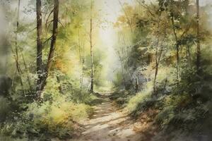 Sunny summer forest.Picture created with watercolors , generate ai photo