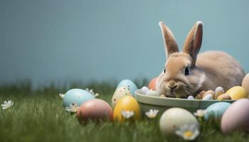 linda Conejo con lujoso Pascua de Resurrección huevos en césped , generativo ai foto