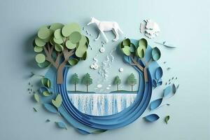 Paper art , Environmental protection and save earth water , Ecology and world water day , Saving water and world Environment day , Generate Ai photo