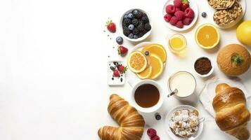 sano desayuno con harina de avena papilla, fresa, nueces, tostada, mermelada y té. parte superior vista, generar ai foto