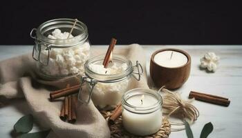 Basic set for home-made natural white eco soy wax candles in glass, wick, perfume. Idea for a hobby, business. Making trendy diy candles without harm to health on white background, generate ai photo