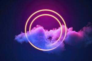 3d render, abstract cloud illuminated with neon light ring on dark night sky. Glowing geometric shape, round frame, generate ai photo