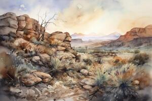 watercolor digital painting of a sunrise in the desert of a mystical planet, pastel colors with clouds and rocks, photo