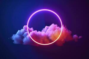 3d render, abstract cloud illuminated with neon light ring on dark night sky. Glowing geometric shape, round frame, generate ai photo
