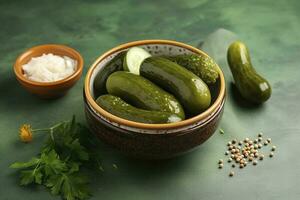 Bowl with tasty fermented cucumbers and ingredients on green background, generate ai photo