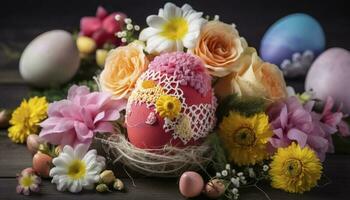 Pascua de Resurrección huevo decoración con flor ramo, generar ai foto