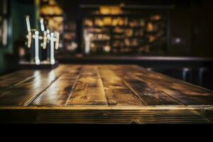 Pub bar counter with wooden table background, generate ai photo