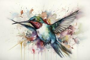 Create a beautiful painting of a hummingbird feeding on nectar watercolor painting, beautiful natural forms, crisp clean shapes, colorful, white background, generate ai photo