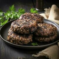 Tasty grilled hamburger patties with seasonings on wooden table, closeup, generate ai photo