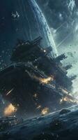 Cinematic Still, intense space battle between two massive battleships, starry sky, nebulae, galaxies, HDR futuristic space battleship destroyers traveling through an asteroid field, generate ai photo