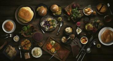 Table scene with a selection of delicious foods. Top view over a dark wood banner background, generate ai photo