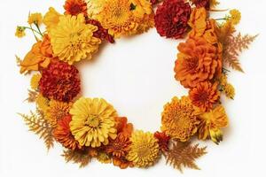 Yellow and red Marigold flowers wreath isolated on white background , generate ai photo