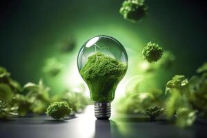 energía consumo y co2 gas emisiones son creciente ligero bombillas con verde eco ciudad, renovable energía por 2050 carbón neutral energía, salvar energía creativo idea concepto, generativo ai. foto