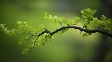 Earth Day and World Environment Day, Spring, Tropical tree leaves and branch with beautiful green forest background, generate ai photo