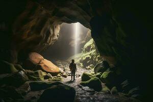 aventurero en un cueva, generar ai foto