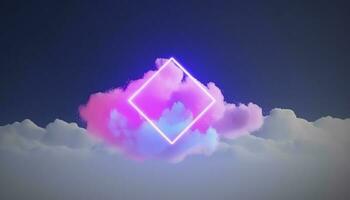 3d render, abstract minimal background with pink blue yellow neon light square frame with copy space, illuminated stormy clouds, glowing geometric shape, generate ai photo