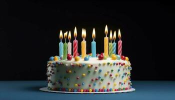 Celebration birthday cake with twenty one colorful birthday candles, generate ai photo