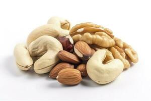 Cashew nuts, almond, hazelnut and blanched peanuts isolated on white background, generate ai photo