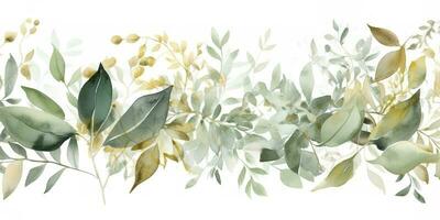 Watercolor seamless border - illustration with green gold leaves and branches, for wedding stationary, greetings, wallpapers, fashion, backgrounds , generate ai photo