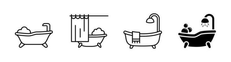 Set of 4 bathtub icon flat glyph style and outlined editable stroke, clipart design template vector