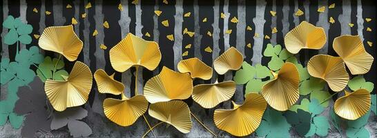 3d colorful illustration of ginkgo leaves, deer, and leaves in dark background. minimalist hand-painted canvas art wall frame decor, generate ai photo