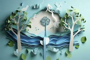 Paper art , Environmental protection and save earth water , Ecology and world water day , Saving water and world Environment day , Generate Ai photo