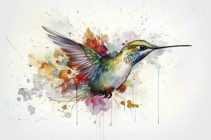 Create a beautiful painting of a hummingbird feeding on nectar watercolor painting, beautiful natural forms, crisp clean shapes, colorful, white background, generate ai photo