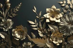 3d mural floral wallpaper. golden and black flowers and leaves. 3d render background wall decor, generate ai photo