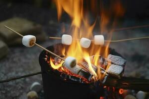 ardiente fuego en un compacto parrilla, madera registros envuelto en rojo llamas, de cerca de freír Malvaviscos en fuego, fumar se levanta, concepto de divertido fiesta, Cocinando delicadeza al aire libre, generar ai foto