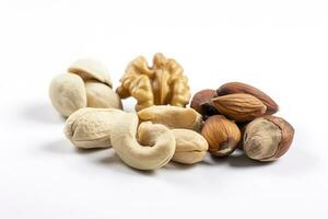 Cashew nuts, almond, hazelnut and blanched peanuts isolated on white background, generate ai photo