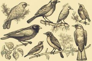 Engraved vintage set of birds elements , generate ai photo