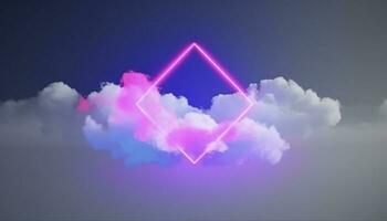 3d render, abstract minimal background with pink blue yellow neon light square frame with copy space, illuminated stormy clouds, glowing geometric shape, generate ai photo