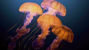 Close-up of a swarm of red glowing jellyfish in an aquarium, generate ai photo