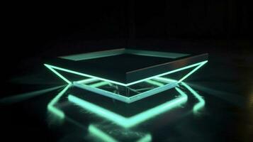 a neon light in blue glowing shape, in the style of bold geometric minimalism, quadratura, hyper-realistic water, dark emerald and light cyan, generat ai photo