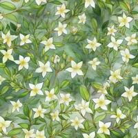 Seamless green pattern with leaves and white flowers , generate ai photo