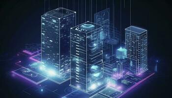 Development architecture computer systems of a smart building. Design modern building construction with ai controls. Project smart house construction with artificial intelligence, generate ai photo