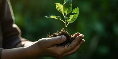 un niño participación un planta en su manos con un verde antecedentes y luz de sol brillante mediante el hojas en el planta, generar ai foto