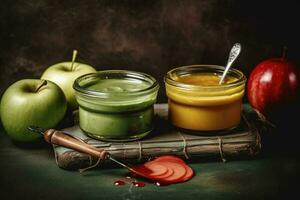 salsas, manzana y verde medición cinta en grunge antecedentes. dieta concepto, generar ai foto