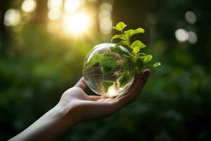 un niño participación un planta en su manos con un verde antecedentes y luz de sol brillante mediante el hojas en el planta, generar ai foto